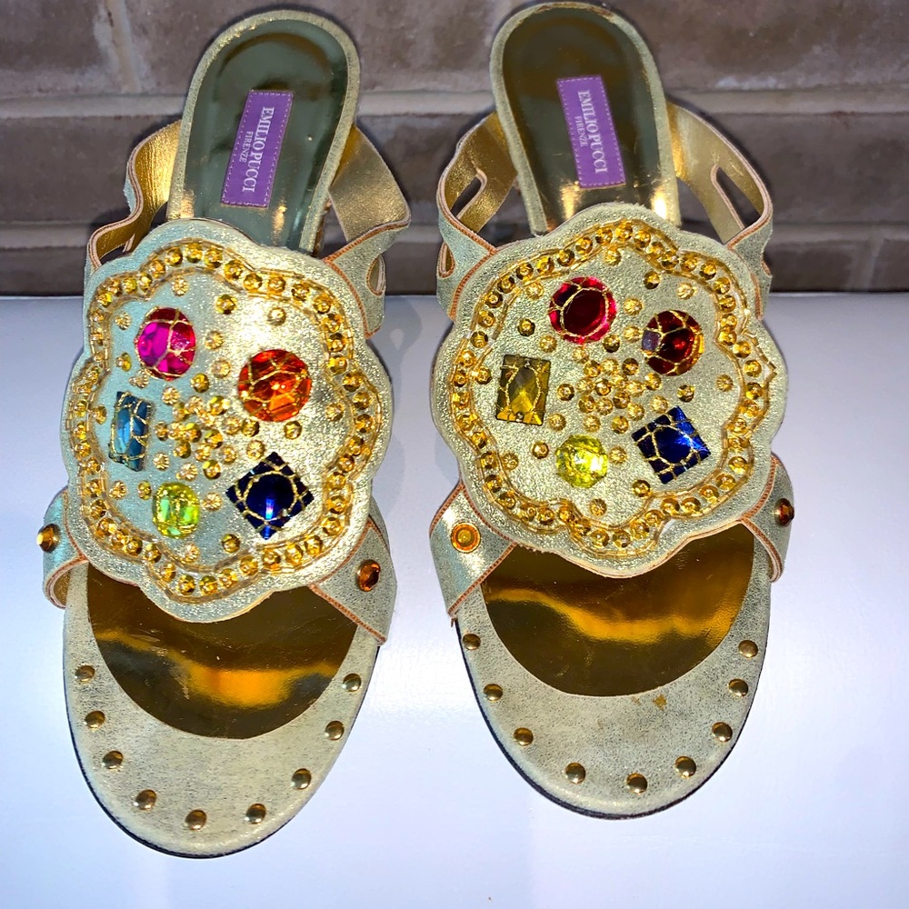 “Vintage” Emilio Pucci, Jewel Embellished, Cut Out Rafia Wedge/ Heel, Sz 40 1/2